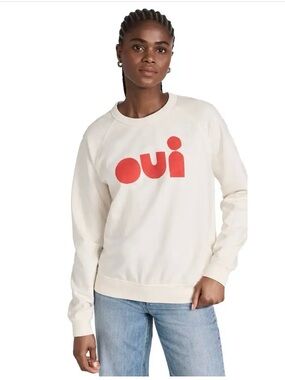Clare V. Oui Logo Crewneck Sweatshirt - Cream with Red size XS